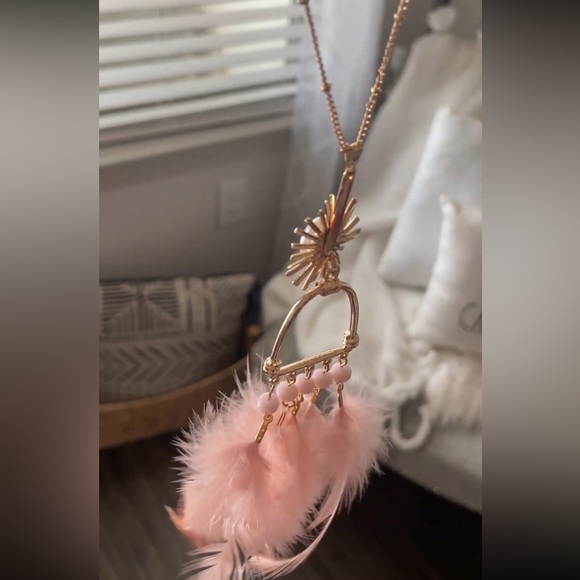 Pink Feather Detailed Bohemian Gold Plated Necklace - Picture 6 of 6